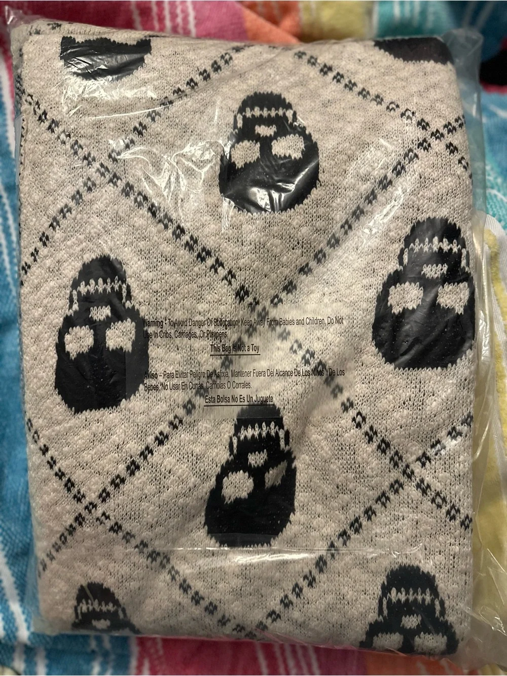 Marshalls Neutral Knit Throw with Black Skull Motif NWT